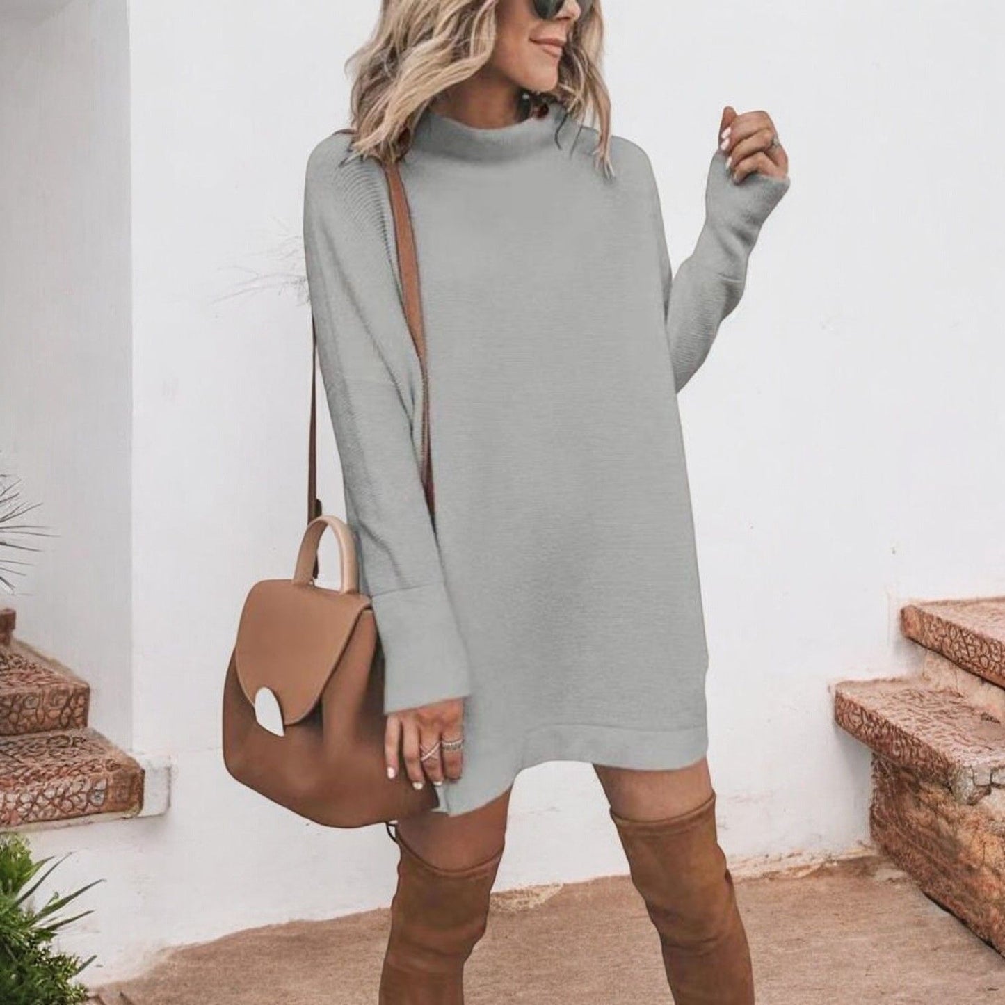 Long Sleeve Knit Sweater Dress with Ribbed Hem and Cuffs