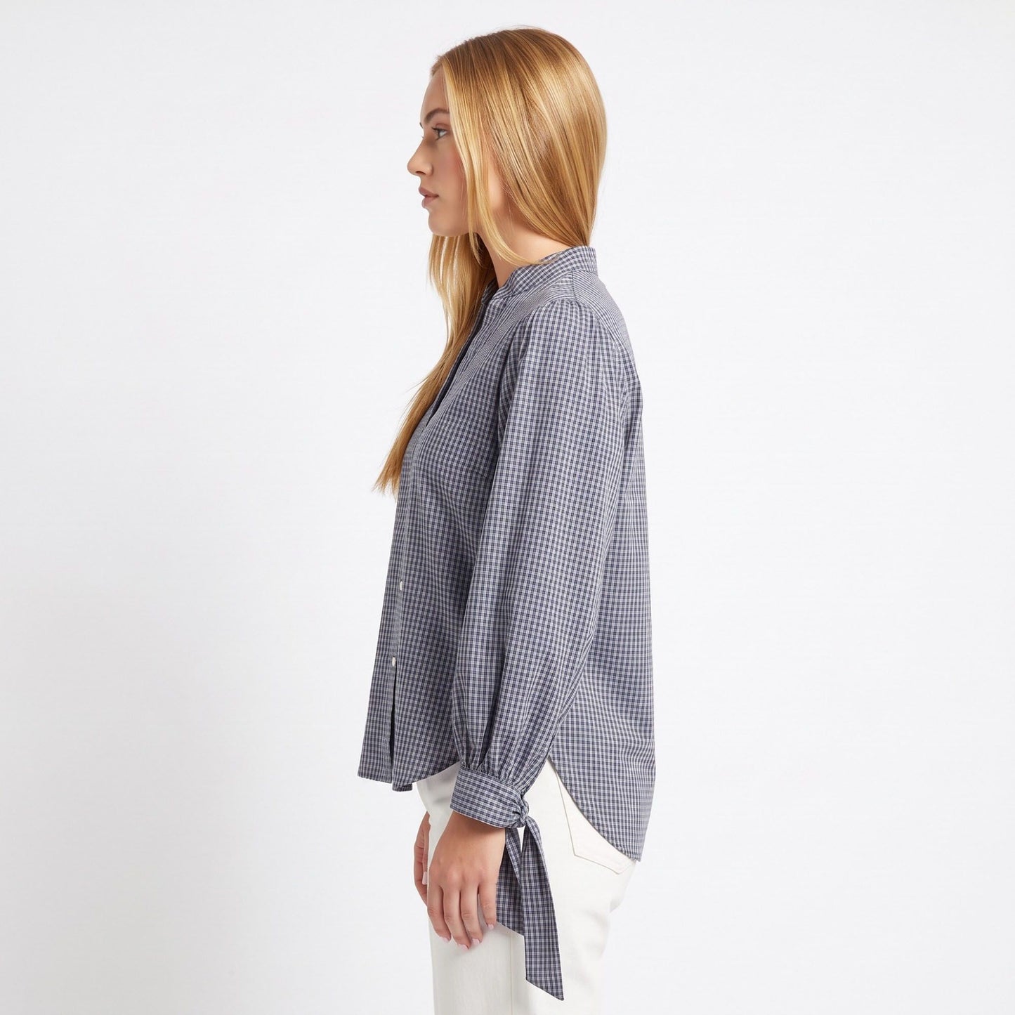 Plaid Button Down Blouse with Tie Cuff Long Sleeves