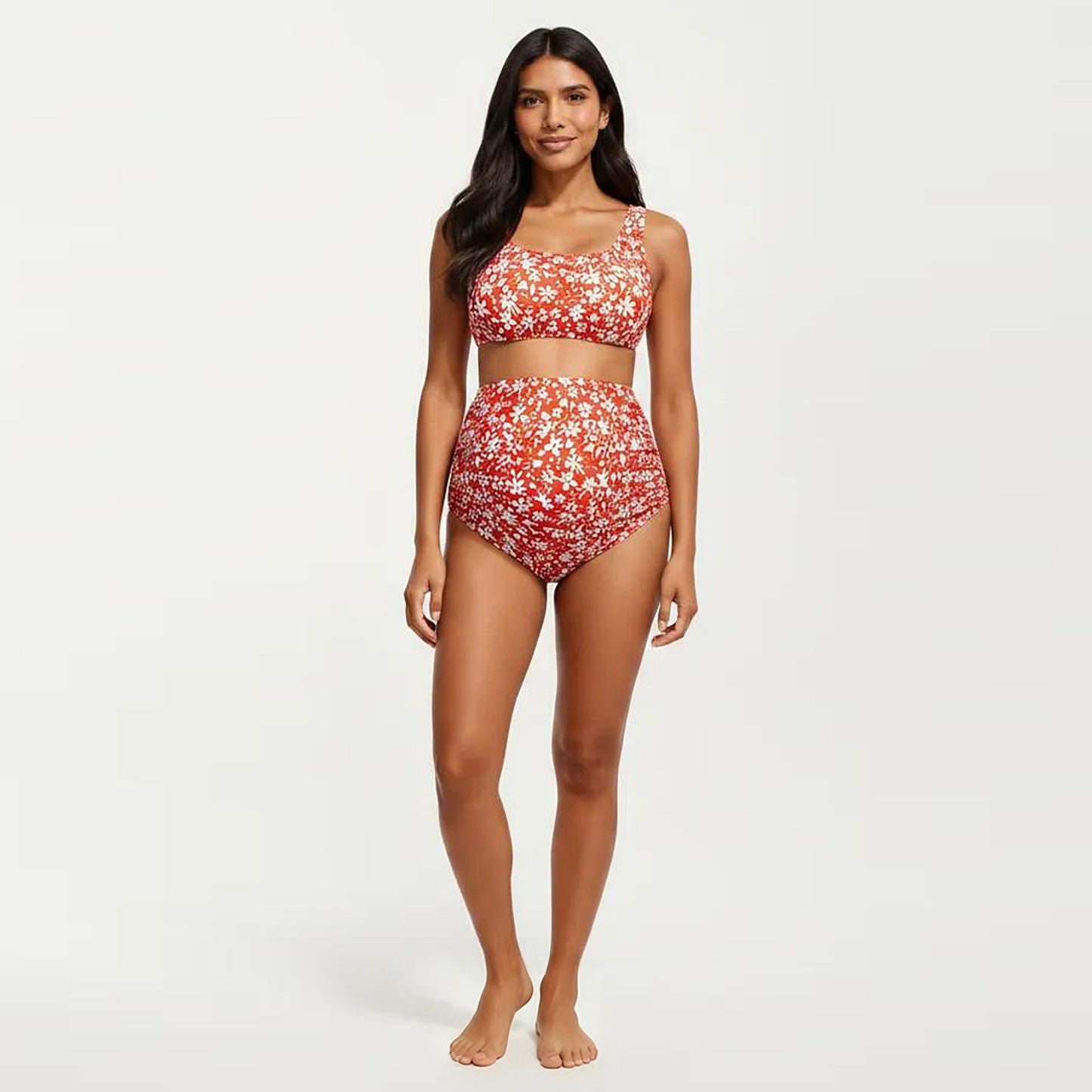 Halter Neck One-Piece Maternity Swimsuit with Starfish Detail and High Slit Skirt Cover-Up