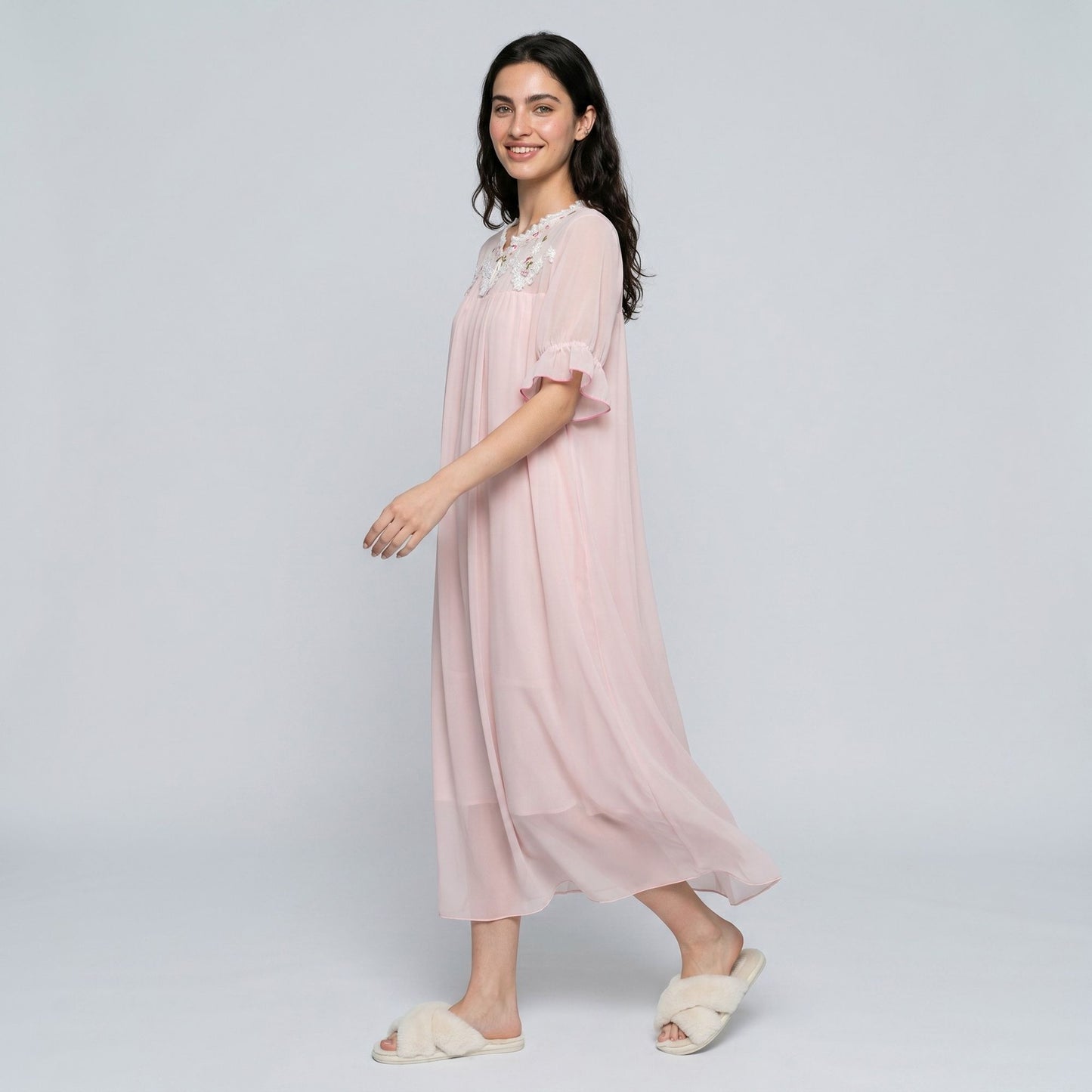 Short Sleeve Nightgown with Embroidered Collar and Ruffle Cuffs
