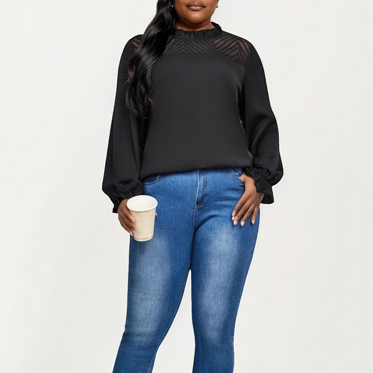 Plus Size Long Sleeve High Neck Pullover Blouse with Textured Sheer Yoke and Gathered Cuffs
