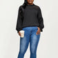 Plus Size Long Sleeve High Neck Pullover Blouse with Textured Sheer Yoke and Gathered Cuffs