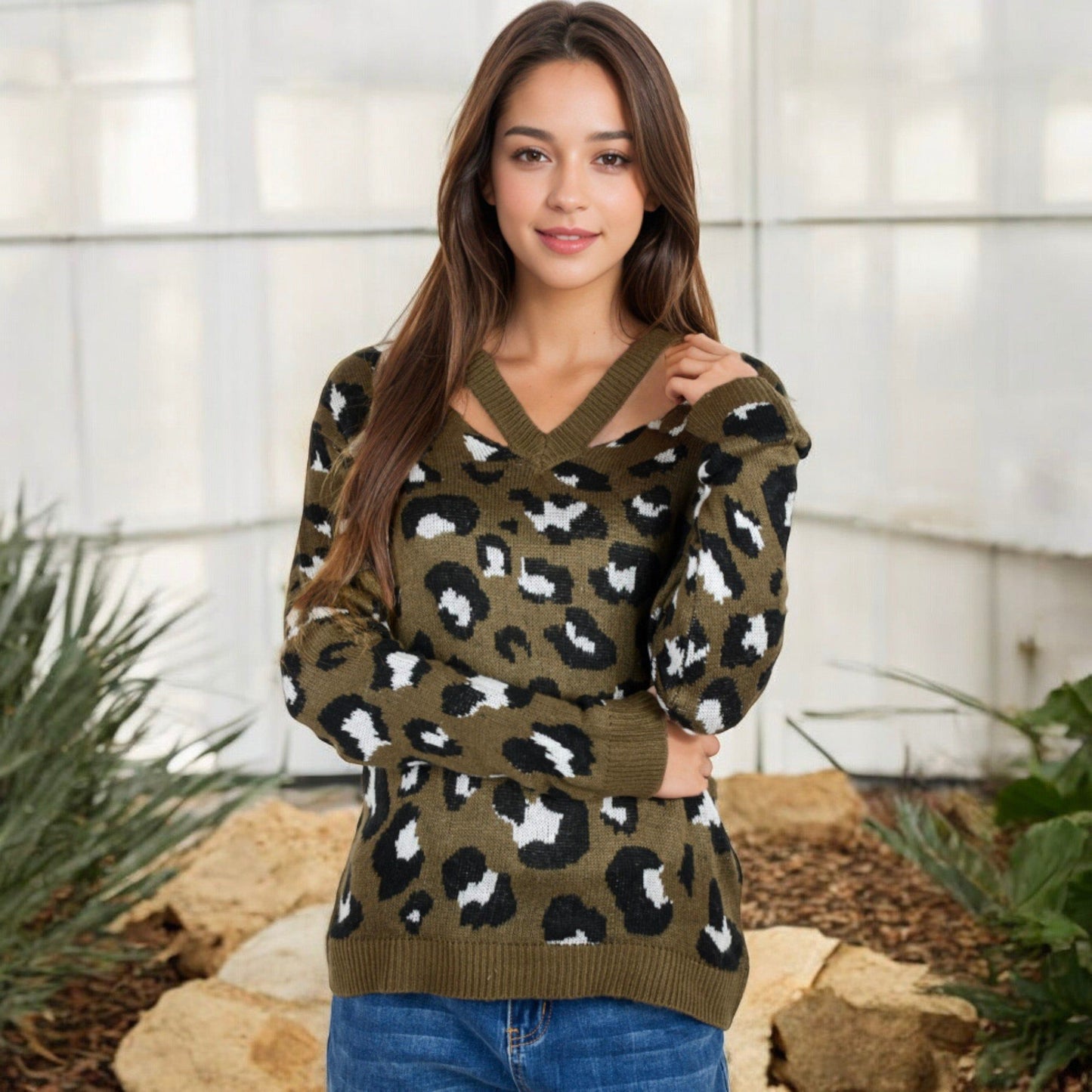 V-Neck Leopard Print Sweater with Cutout Detail Long Sleeves