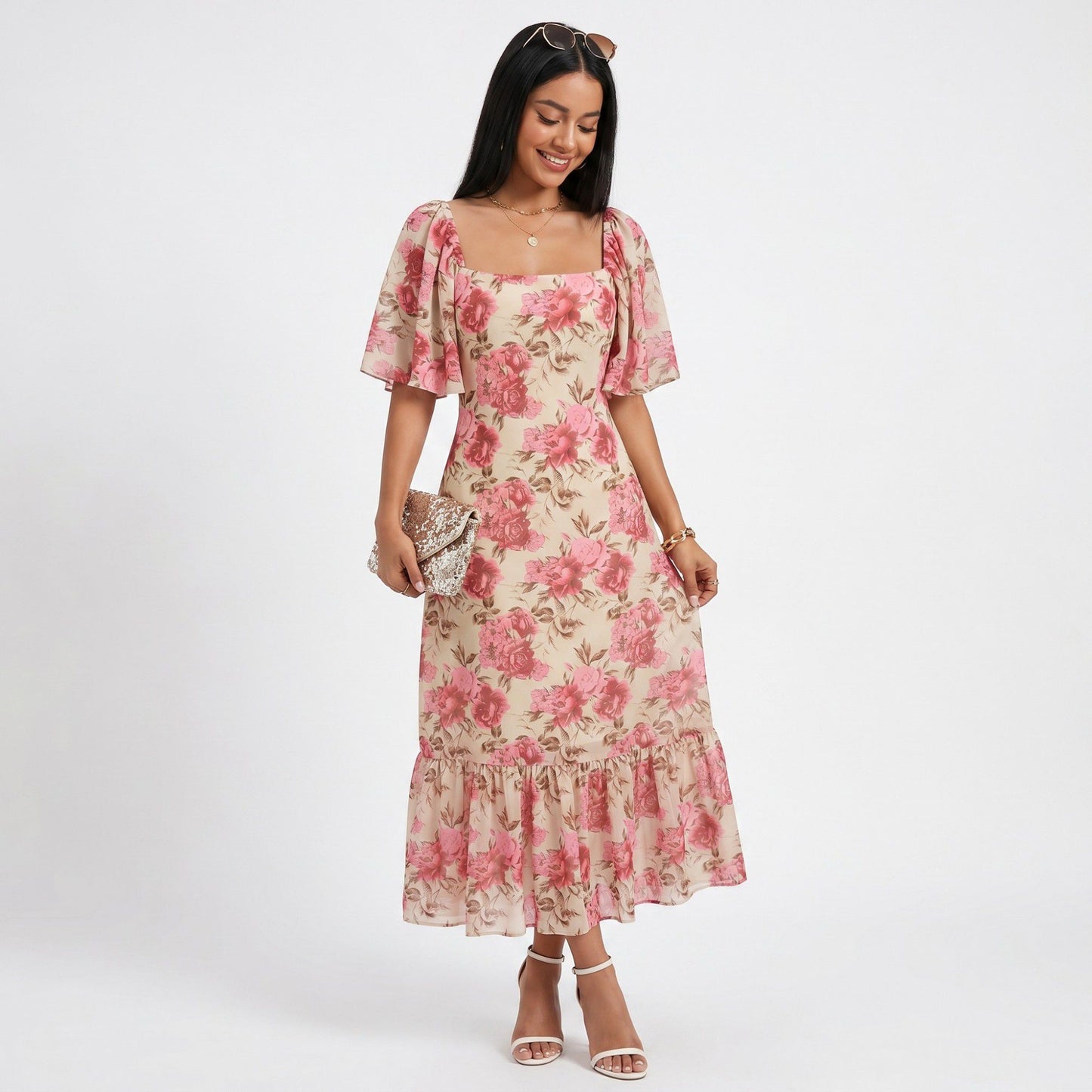Floral Midi Dress Square Neck Flutter Sleeve Ruffle Hem Dress