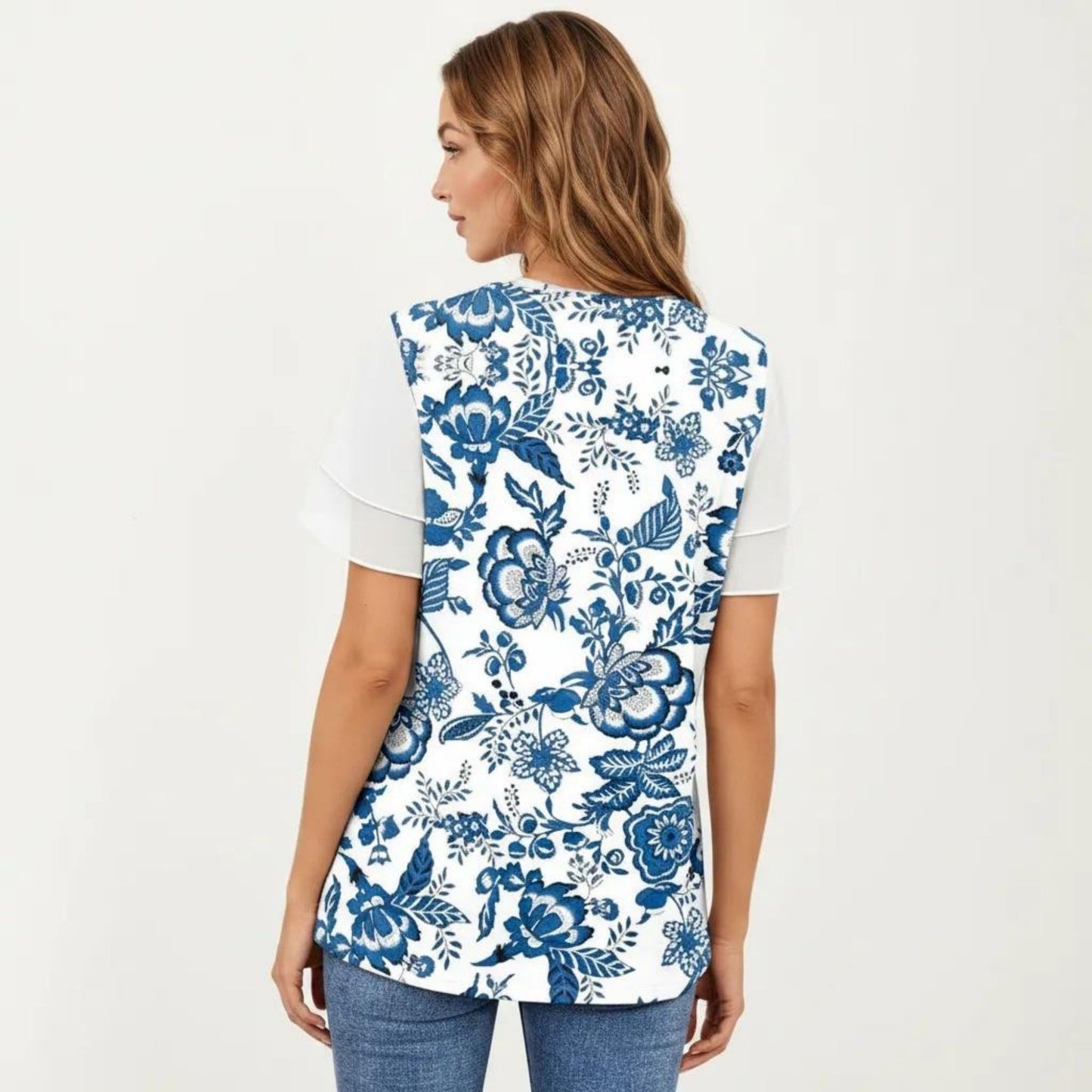 Short Sleeve Top with Leopard Print Mesh Sleeves Round Neck Relaxed Fit Casual Shirt