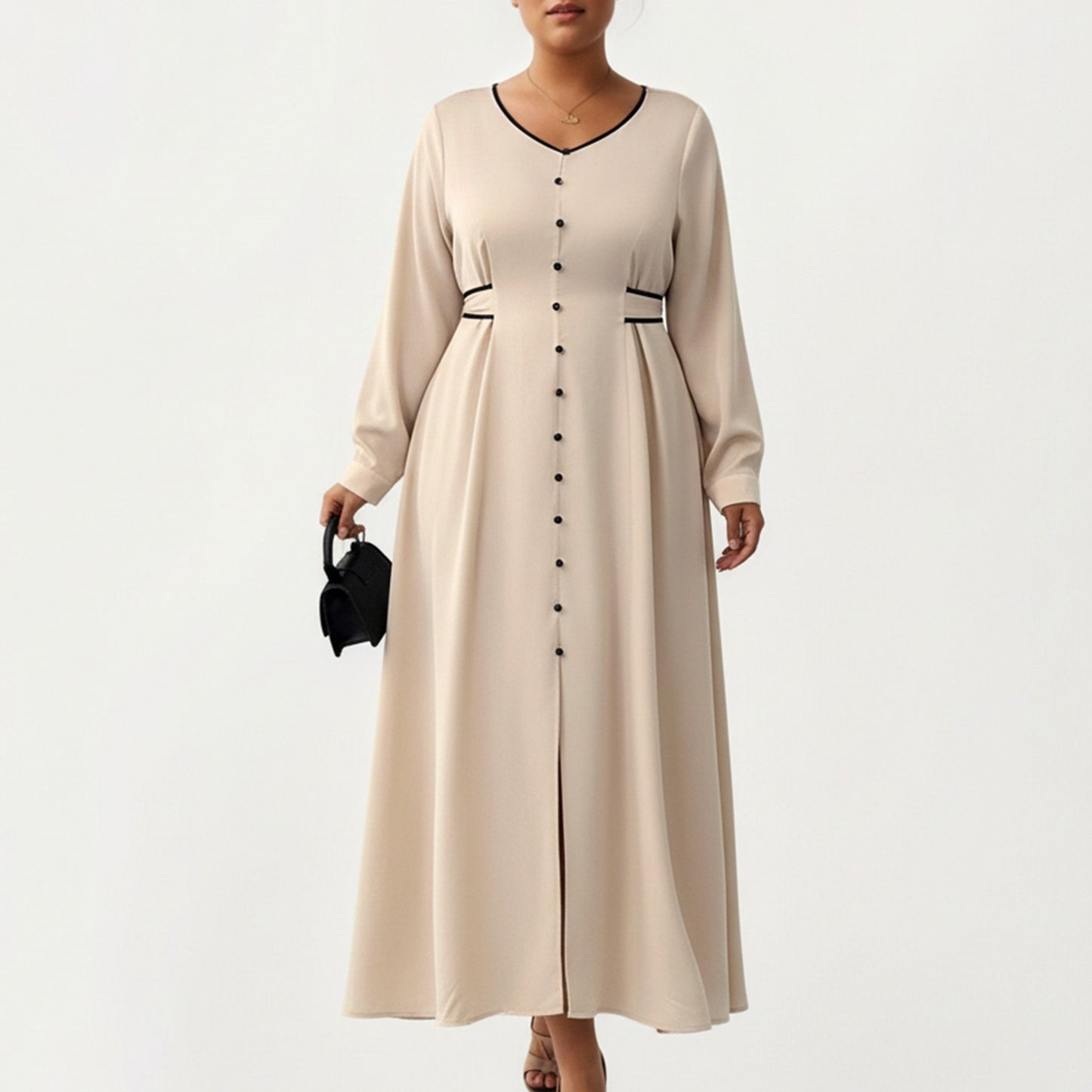 Plus Size Long Sleeve Button Front Maxi Dress with V Neckline Contrast Trim and Defined Waist Detail