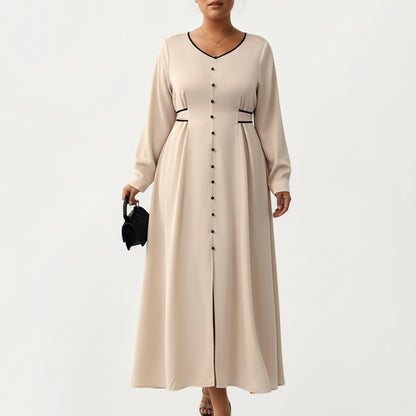 Plus Size Long Sleeve Button Front Maxi Dress with V Neckline Contrast Trim and Defined Waist Detail