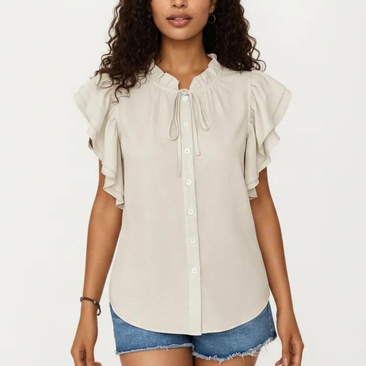 Ruffle Flutter Sleeve Button Down Blouse with Tie Neck
