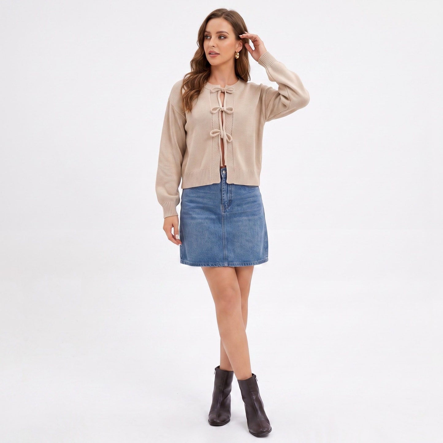 Tie Front Knit Cardigan Sweater with Long Sleeves