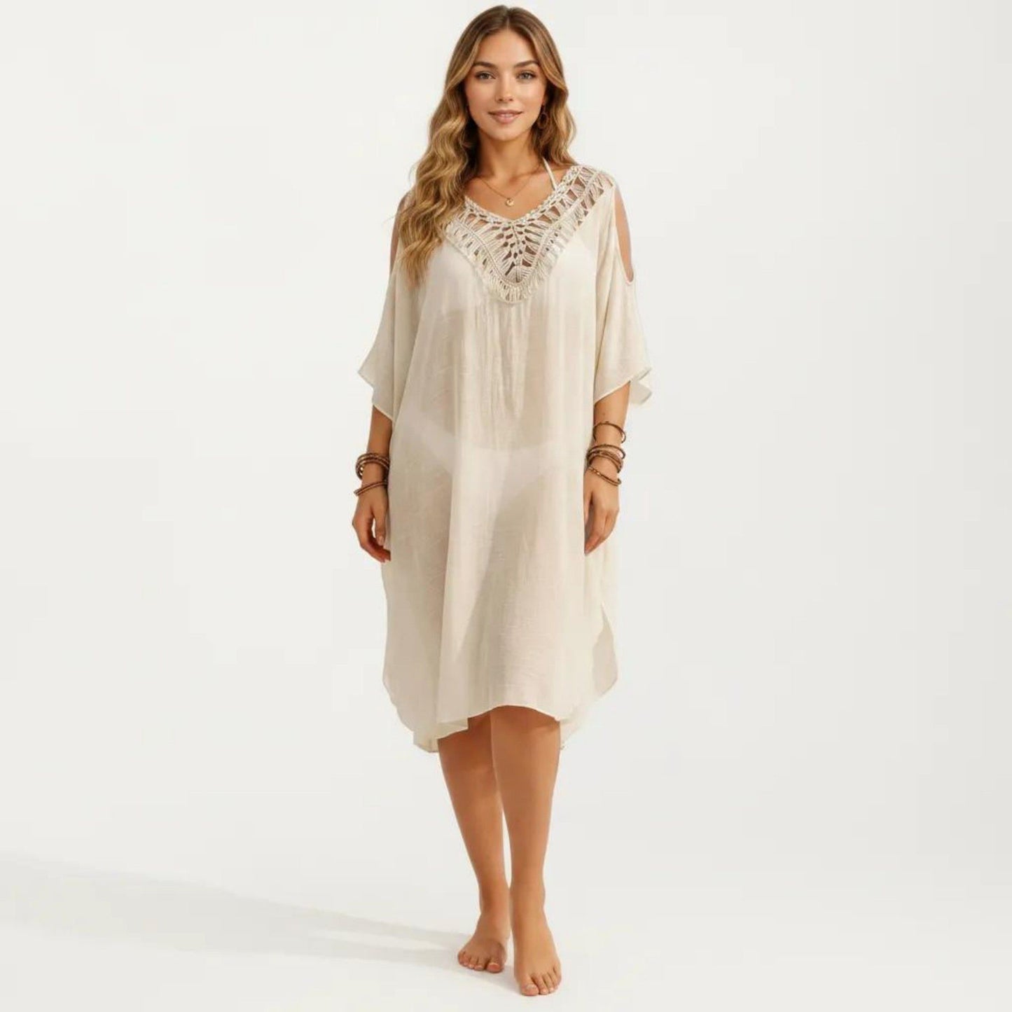 Crochet V Neck Swim Cover Up Dress with Cold Shoulder Sleeves and Relaxed Fit