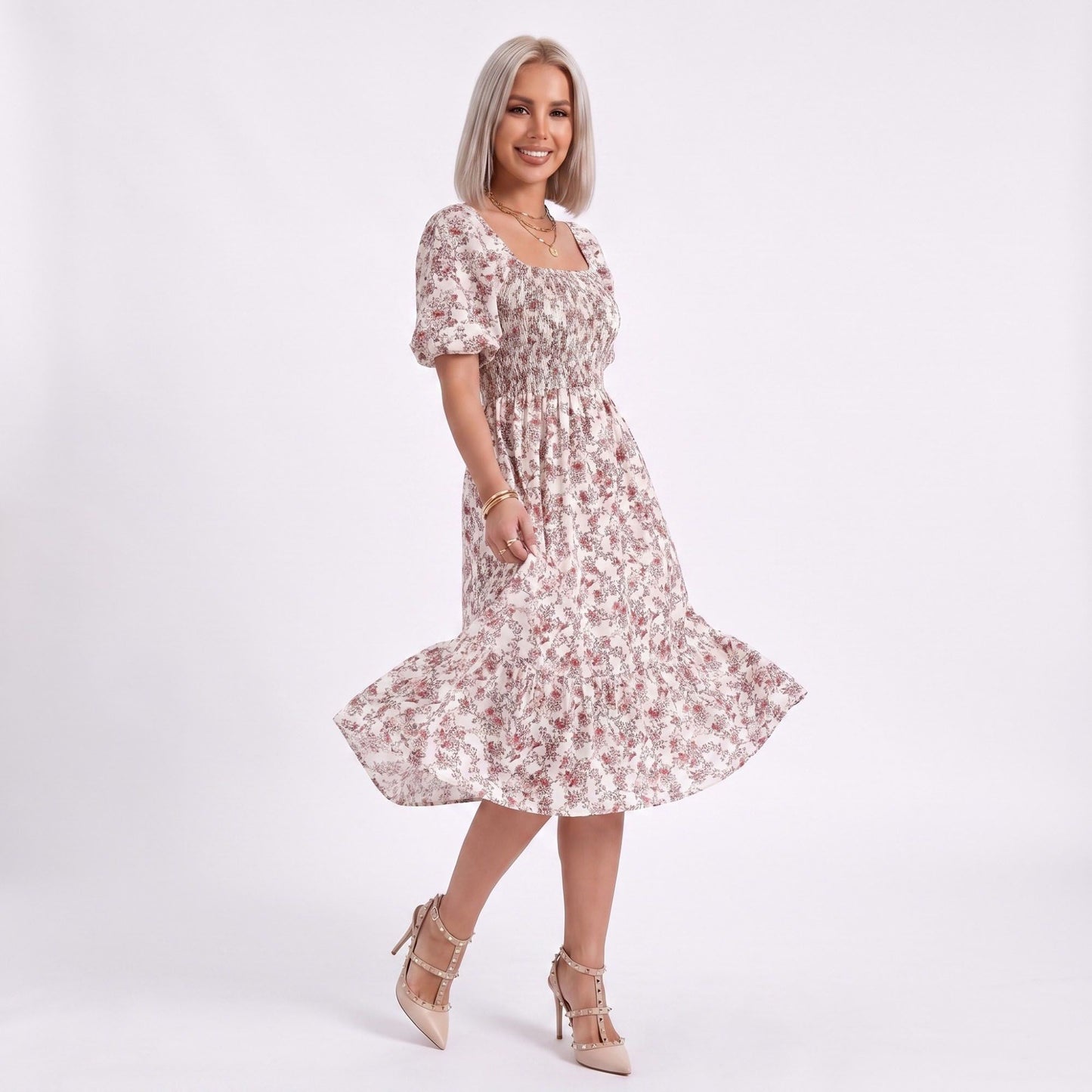 Floral Square Neck Smocked Bodice Tiered Midi Dress