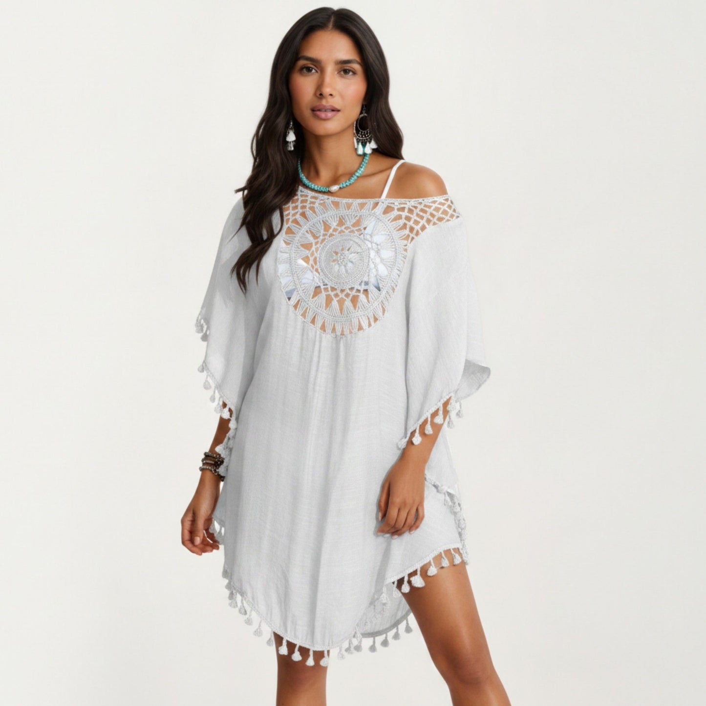 Crochet Medallion Swim Cover Up Dress with Tassel Trim and Relaxed Boho Silhouette
