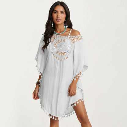 Crochet Medallion Swim Cover Up Dress with Tassel Trim and Relaxed Boho Silhouette