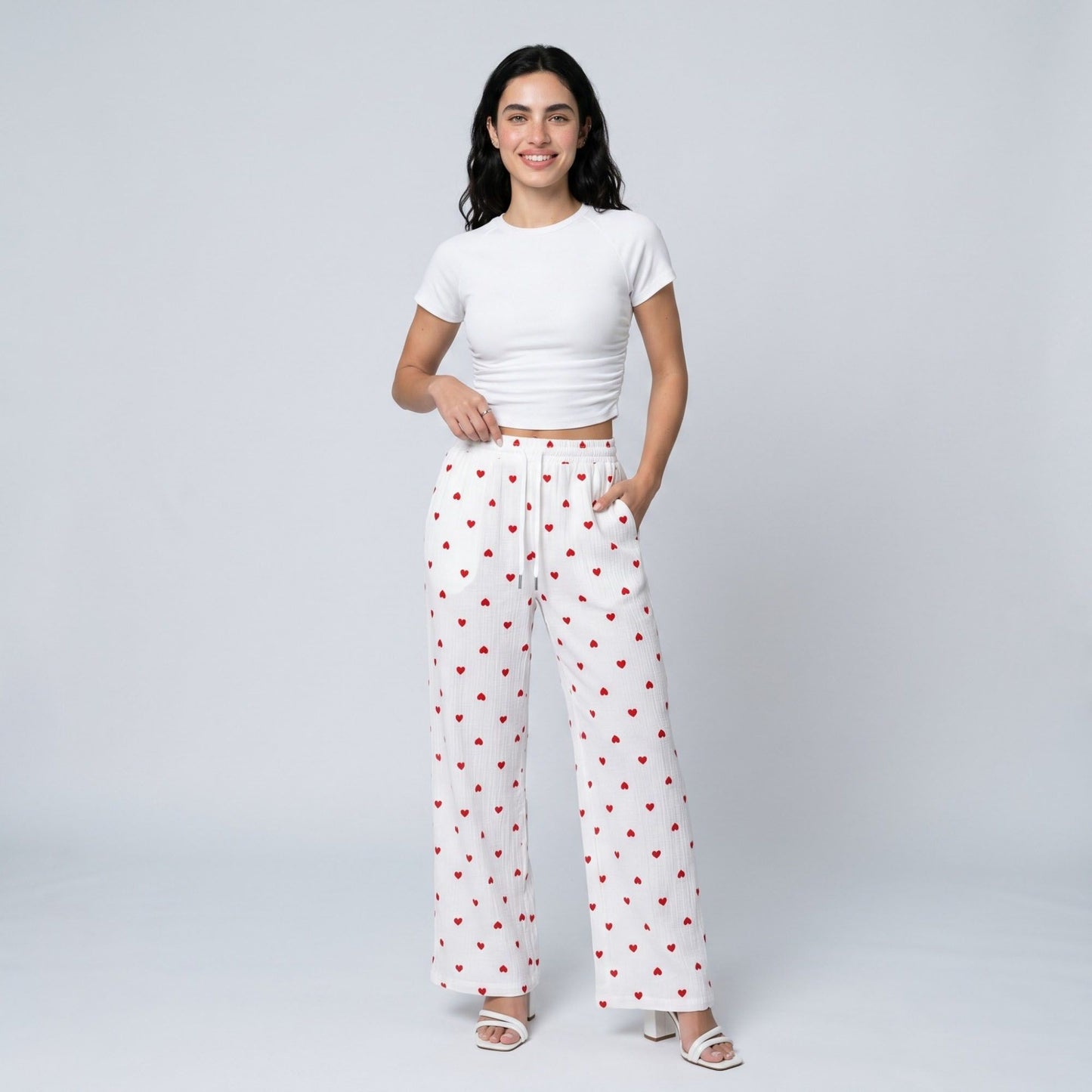 Heart Print Wide Leg Lounge Pants Elastic Drawstring Waist Casual Trousers with Pockets