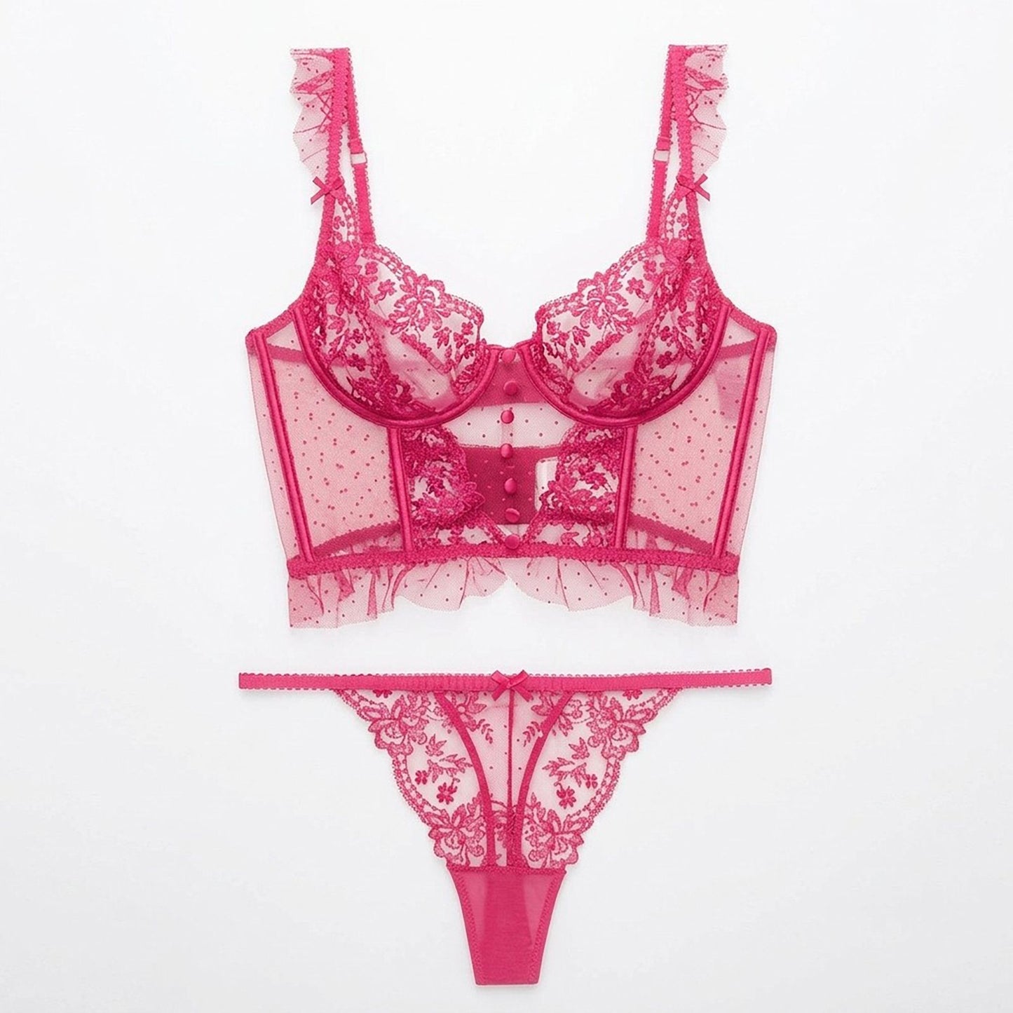 Floral Lace Mesh Underwire Bustier and Matching Panty Two Piece Lingerie Set