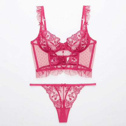 Floral Lace Mesh Underwire Bustier and Matching Panty Two Piece Lingerie Set