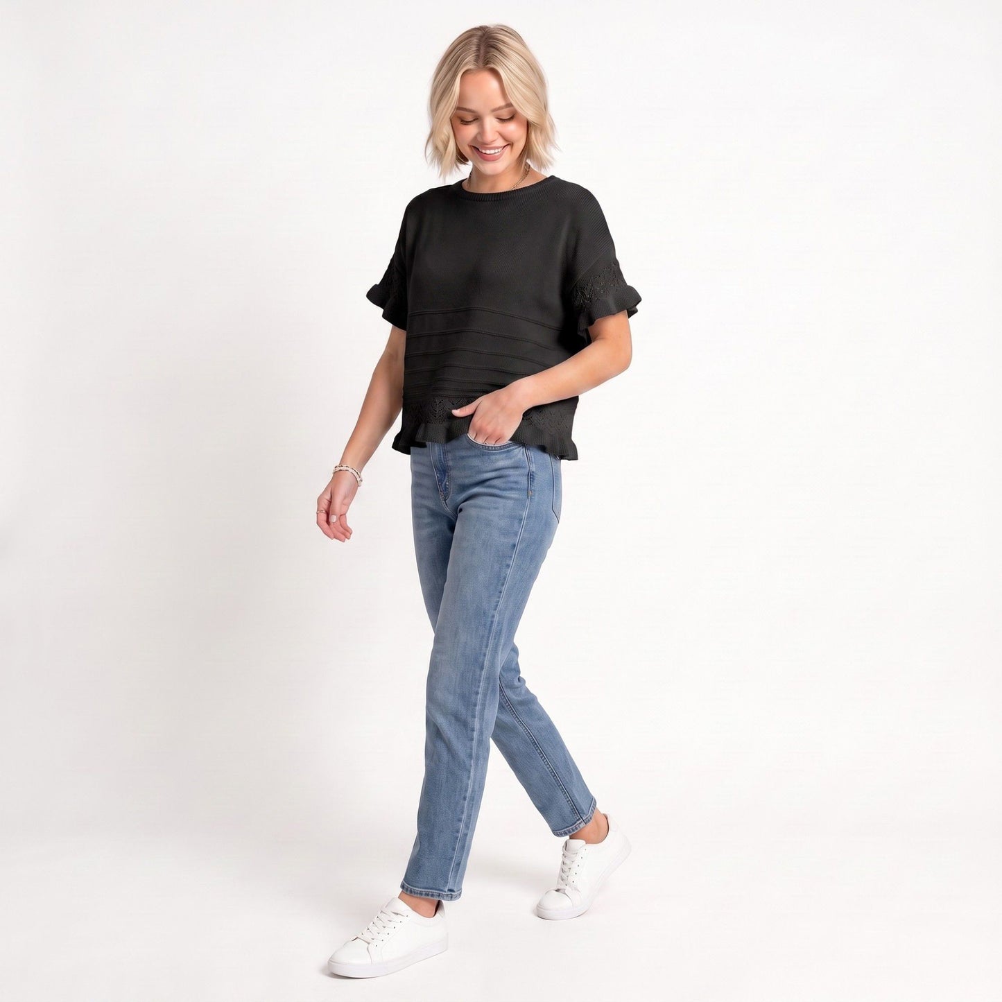 Short Sleeve Sweater Top Lace Ruffle Hem Textured Knit Blouse
