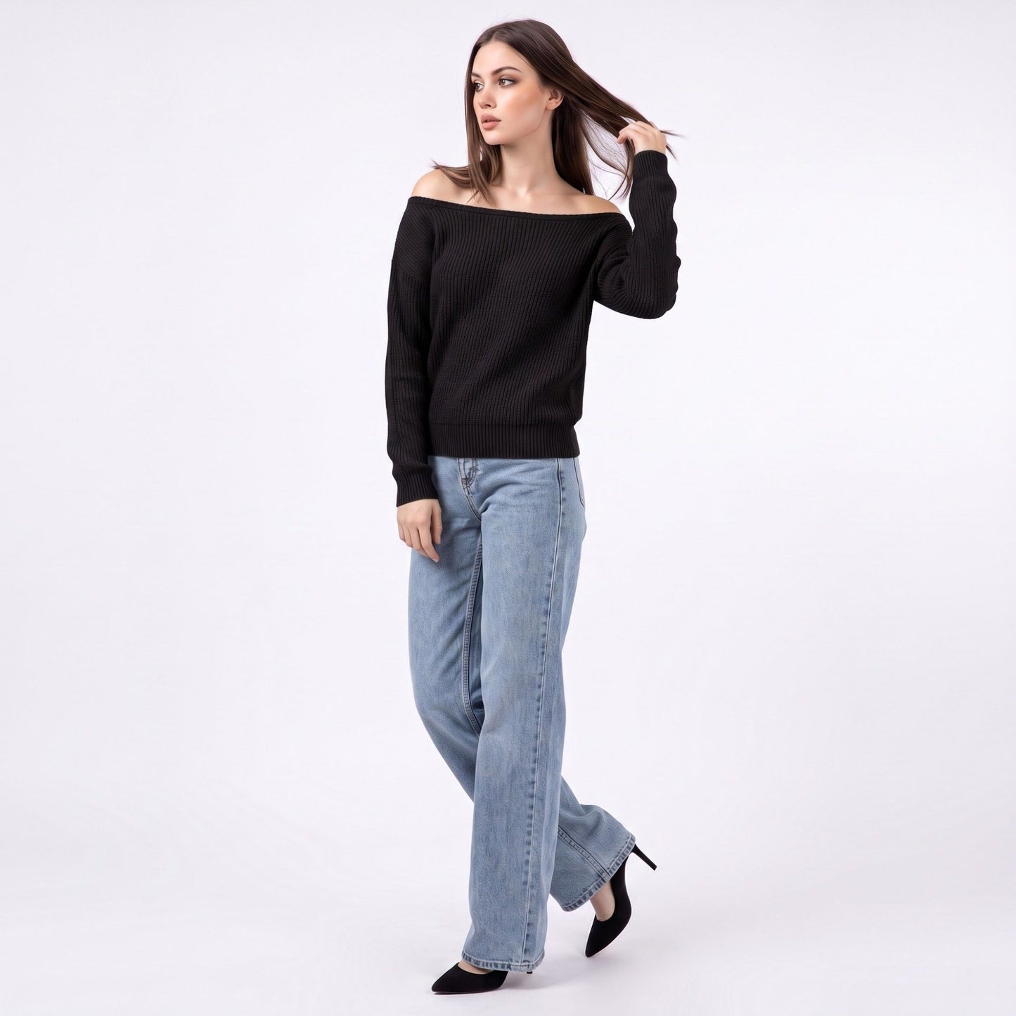 Off Shoulder Ribbed Knit Pullover Sweater