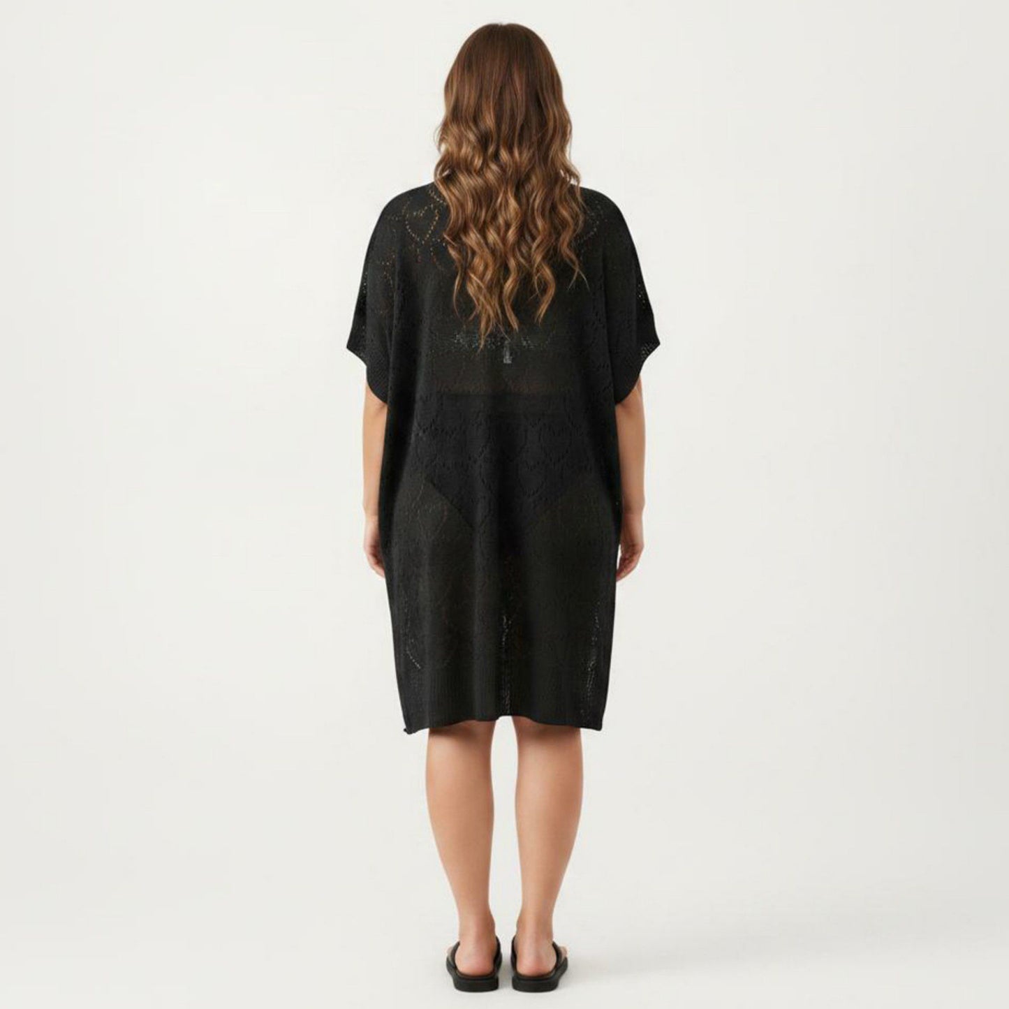 Open Front Knit Cardigan with Heart Pointelle Pattern Short Sleeves Relaxed Mid Length Fit