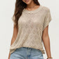 Short Sleeve Knit Top with Floral Eyelet Pattern and Ribbed Crew Neck