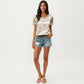 Satin Faux Pearl Neck Top with Puff Sleeves and Smooth Draped Finish