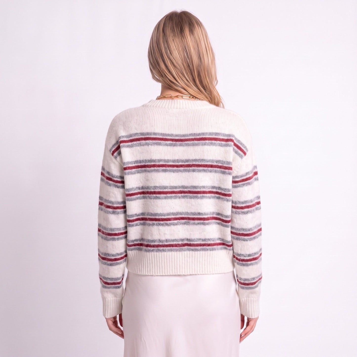 Striped Crewneck Button-Front Cardigan Sweater