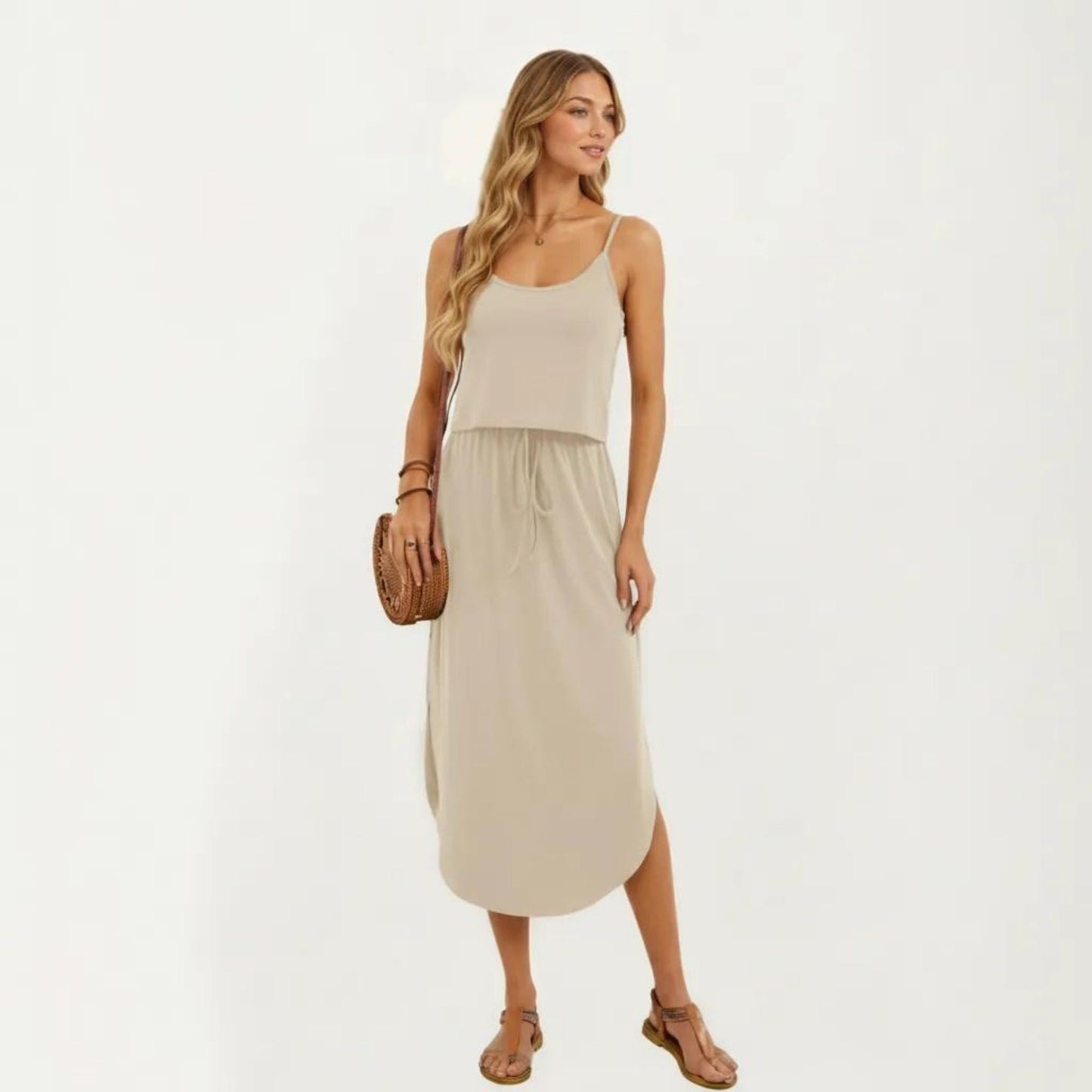 Sleeveless Midi Dress with Spaghetti Straps and Adjustable Drawstring Waist Relaxed Fit Silhouette