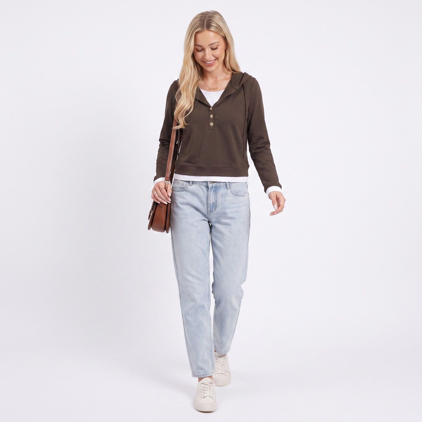 Hooded Long Sleeve Pullover Top with Button Detail and Contrast Trim