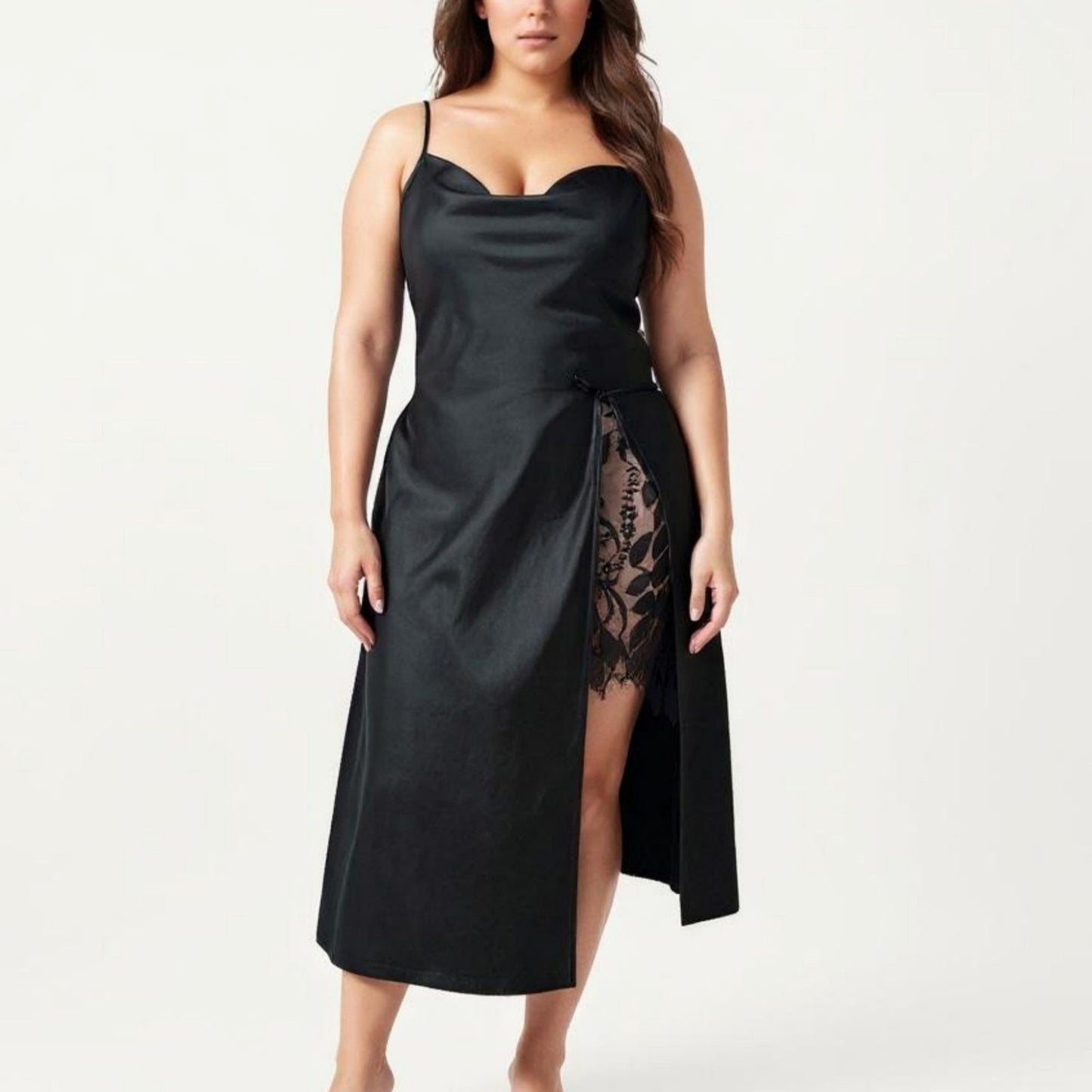 Plus Size Satin Wrap Nightgown with Lace Trim Adjustable Spaghetti Straps Side Tie Midi Length Sleepwear Dress