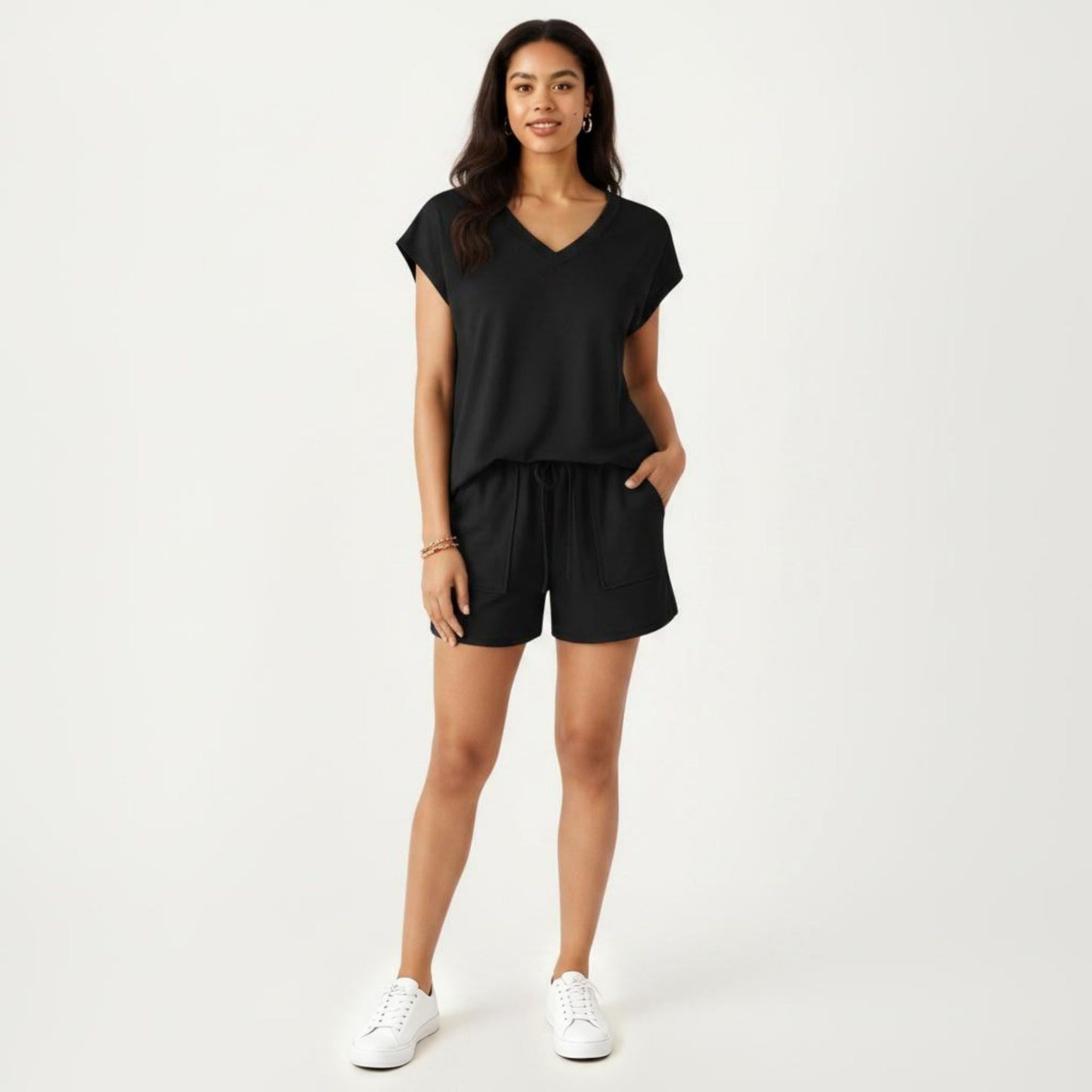2-Piece Set Short Sleeve V Neck Top and Drawstring Shorts with Pockets Relaxed Fit Lounge Set