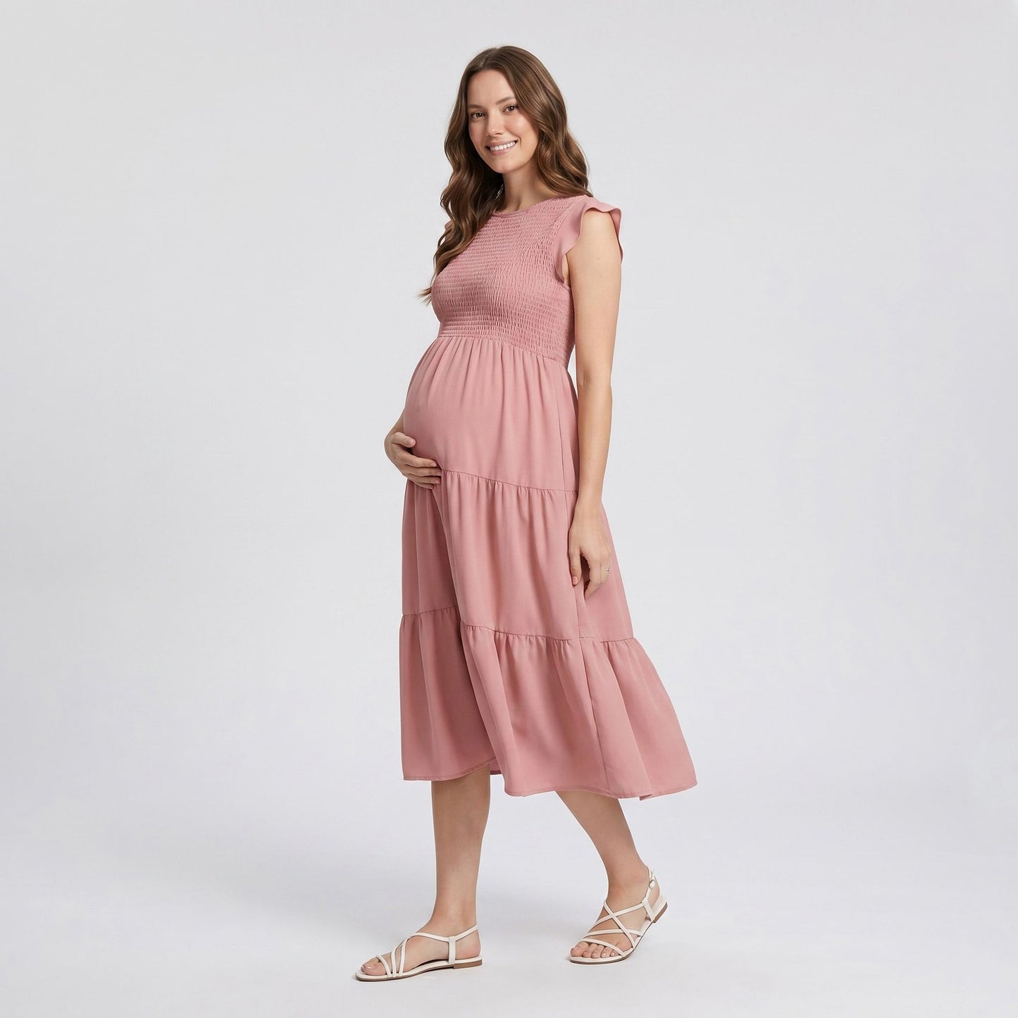 Maternity Smocked Tiered Midi Dress with Cap Sleeves and Round Neck