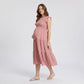 Maternity Smocked Tiered Midi Dress with Cap Sleeves and Round Neck