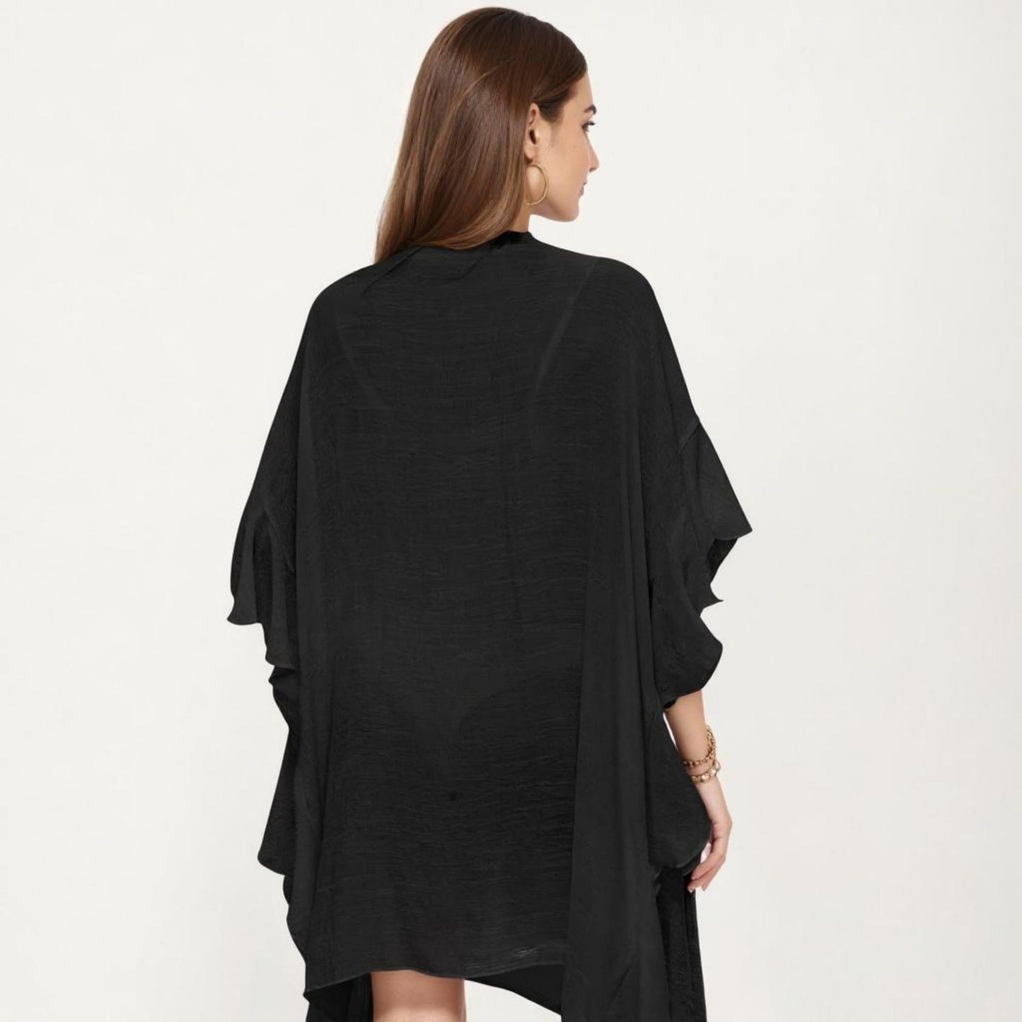 Open Front Swim Cover Up Kimono with Ruffle Sleeves Lightweight Beach Cardigan