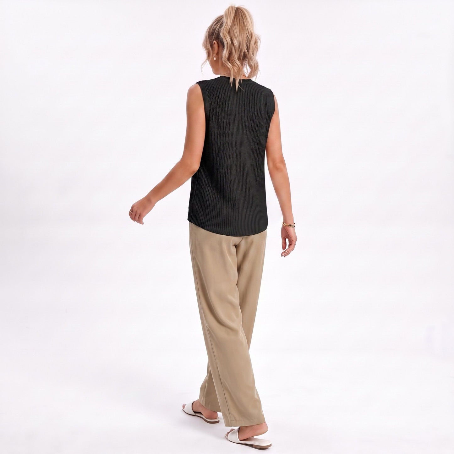Button Front Sweater Vest V Neck Sleeveless Knit Pocket Top