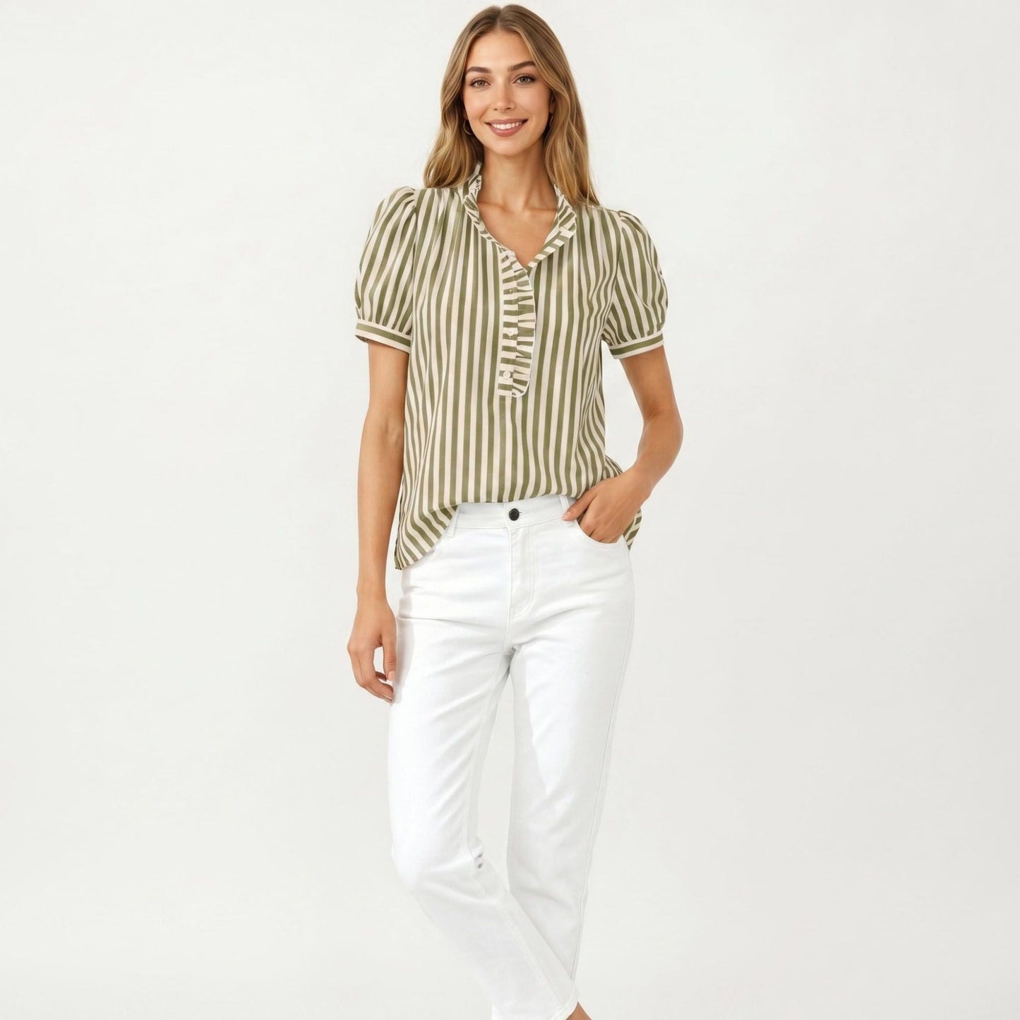 Short Sleeve Striped Blouse with Ruffle Trim V Neck Puff Sleeve Lightweight Pullover Shirt