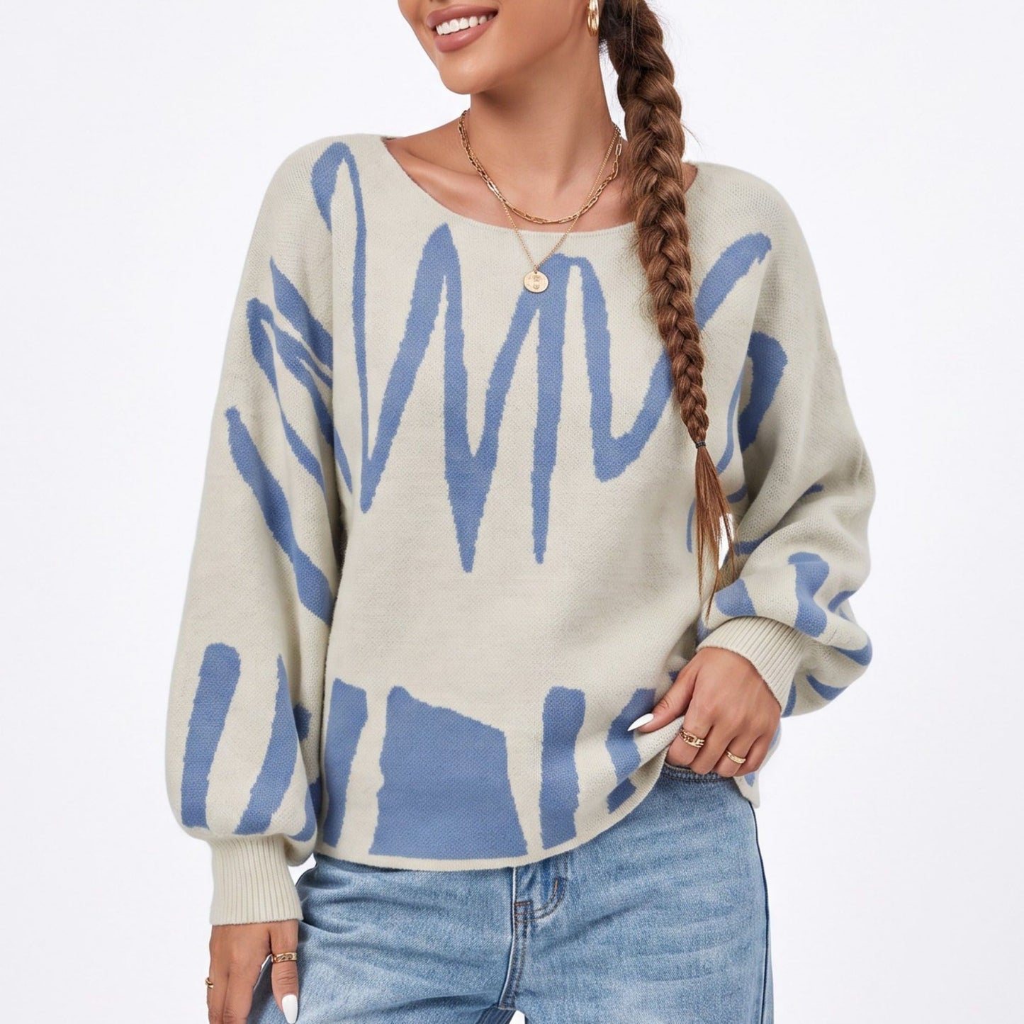 Abstract Graphic Print Long Sleeve Knit Sweater