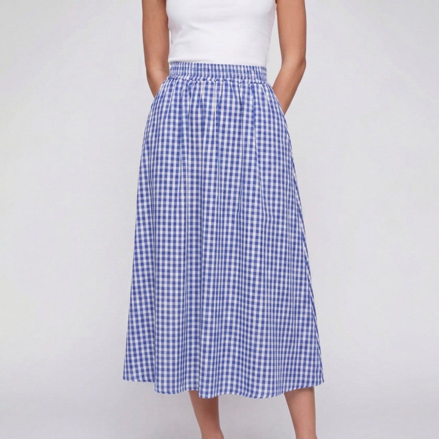 Gingham Midi Skirt with Smocked Waistband, Gathered A-Line Shape and Side Pockets