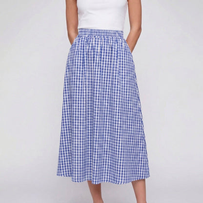 Gingham Midi Skirt with Smocked Waistband, Gathered A-Line Shape and Side Pockets