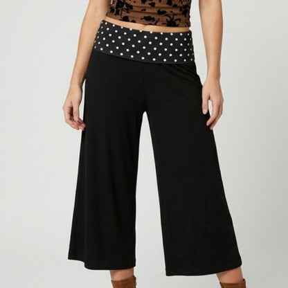 Polka Dot Contrast Waistband Cropped Wide-Leg Trousers