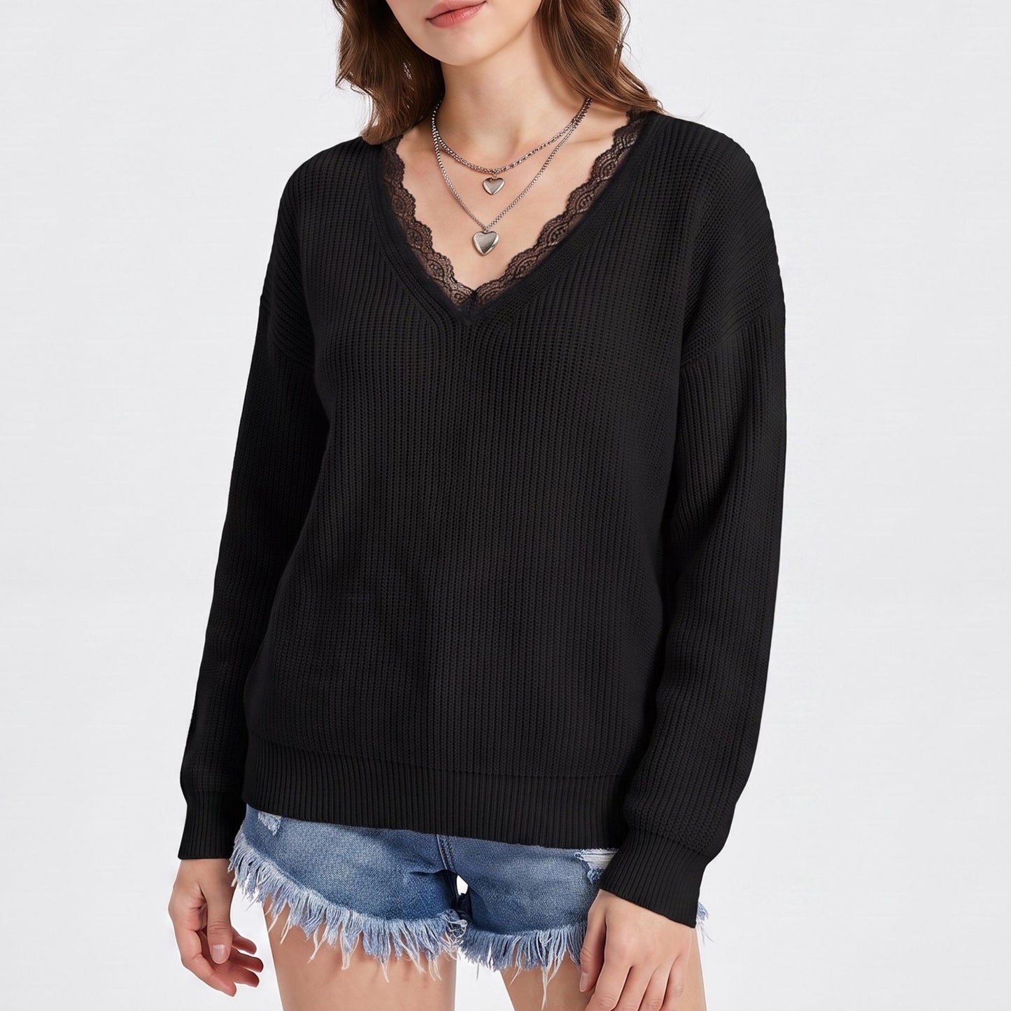 Lace Trim V Neck Long Sleeve Knit Pullover Sweater
