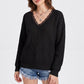 Lace Trim V Neck Long Sleeve Knit Pullover Sweater