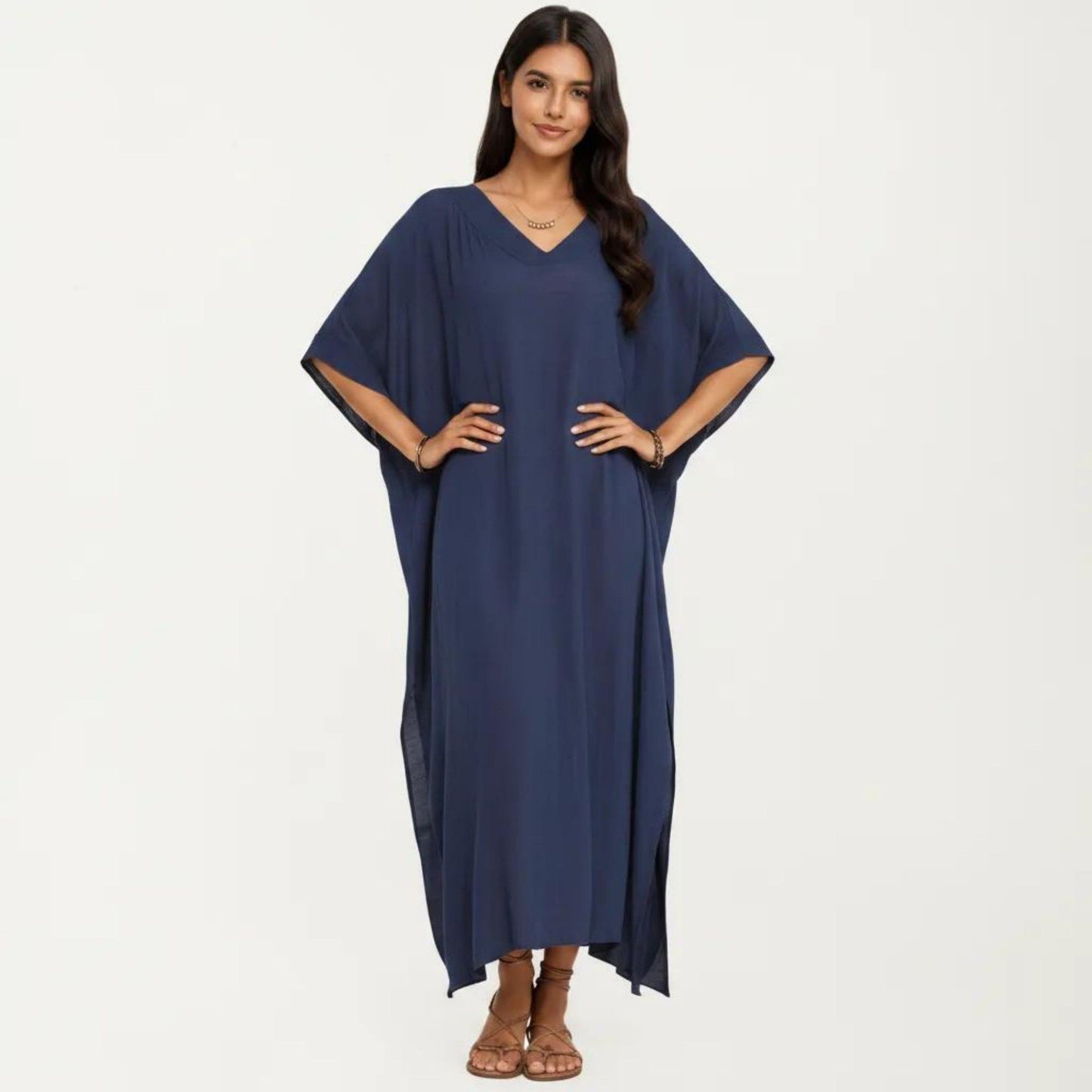 V-Neck Maxi Swim Cover Up Dress Loose Short Sleeve Lightweight Beach Caftan
