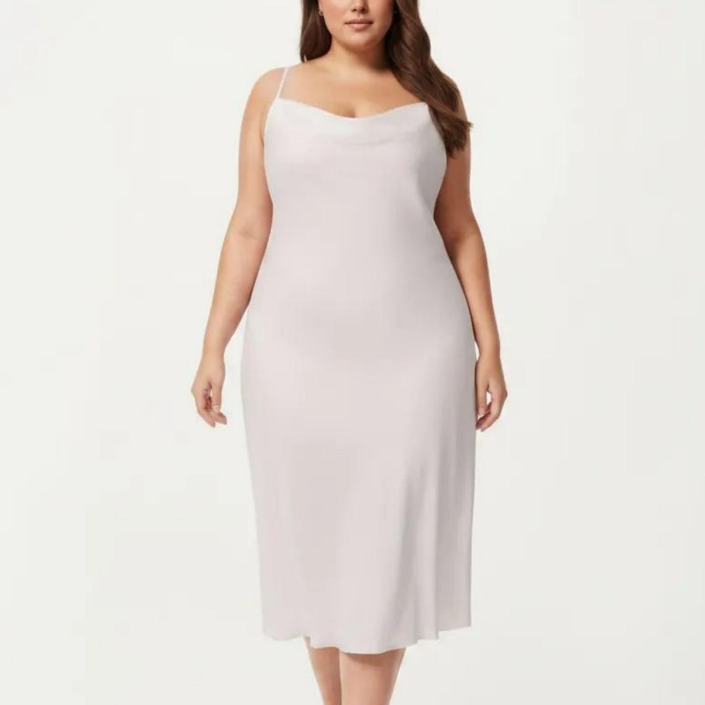 Plus Size Satin Slip Nightgown with Adjustable Spaghetti Straps Midi Length Relaxed Fit Sleepwear Dress