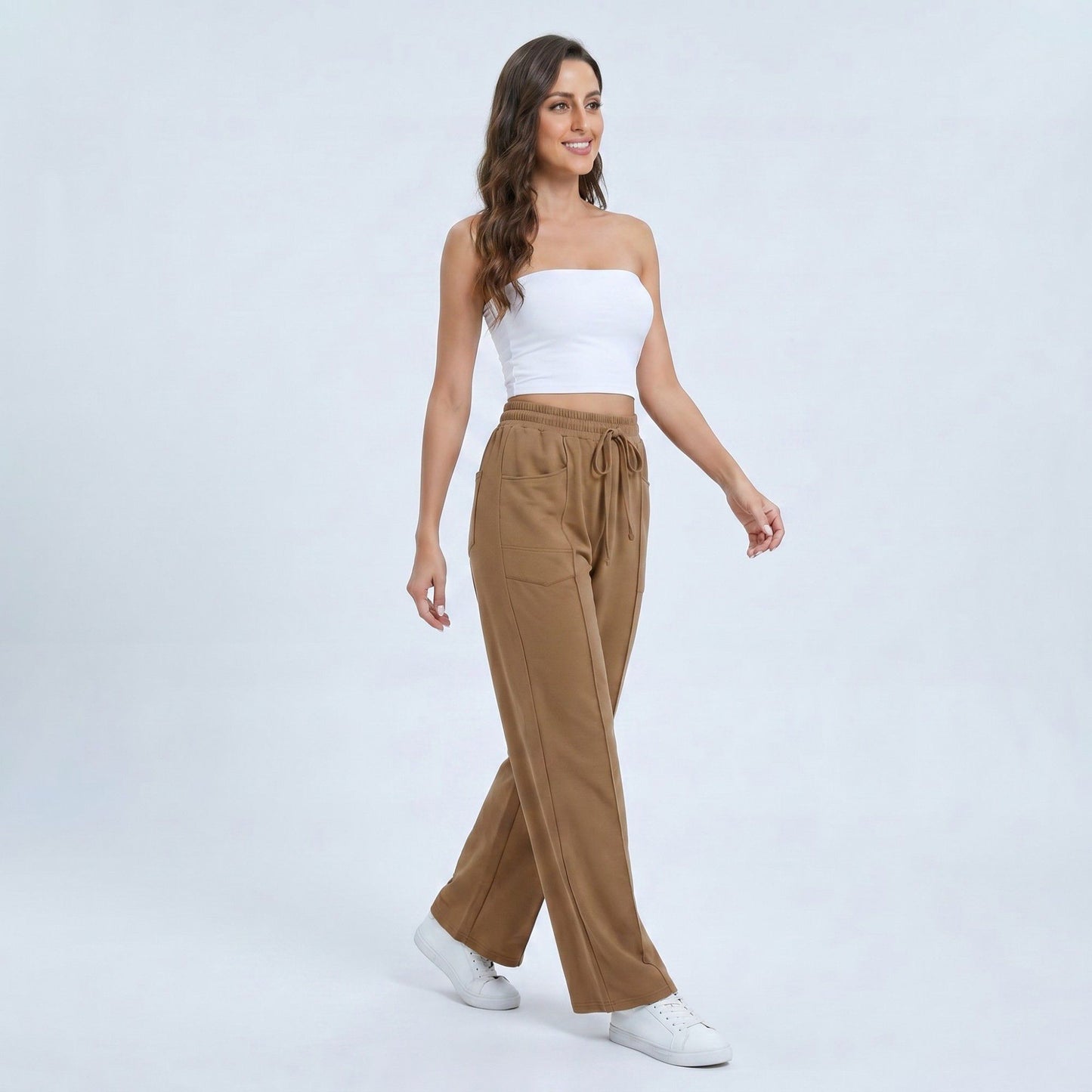 High Rise Drawstring Wide Leg Utility Pants with Patch Pockets
