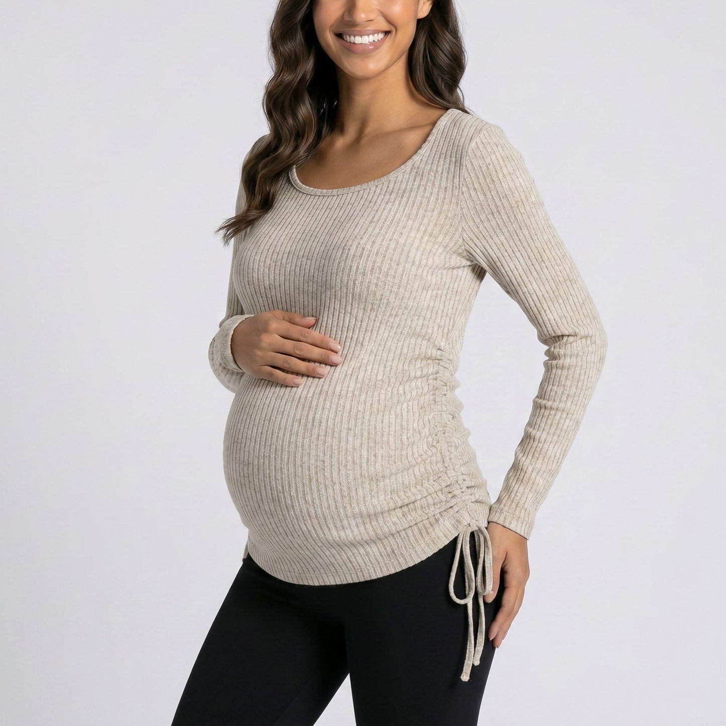 Maternity Ribbed Long Sleeve Top with Scoop Neck and Side Ruched Tie Detail