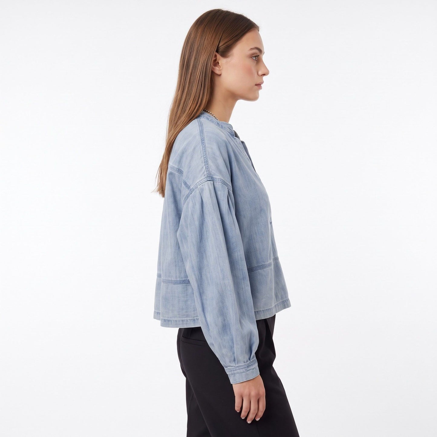 Long Sleeve Denim Pullover Top Split Neck Relaxed Fit Blouse