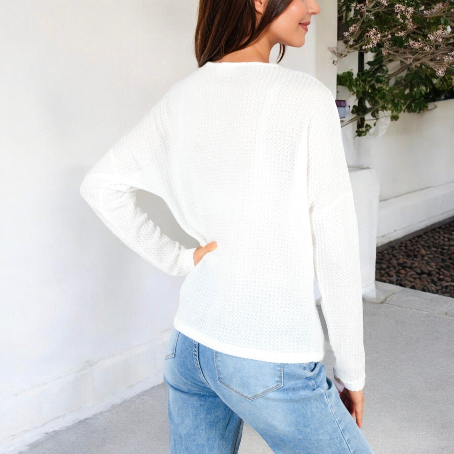 Waffle Knit Surplice Wrap Long Sleeve Top