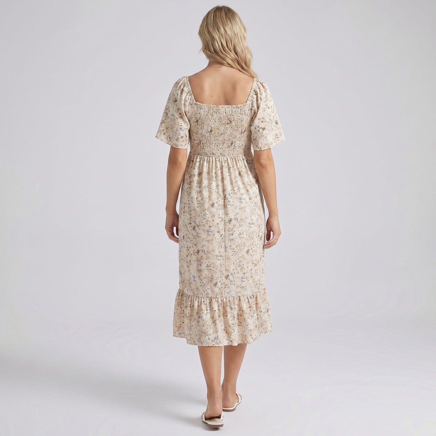 Maternity Floral Square Neck Midi Dress with Smocked Bodice and Flutter Sleeves