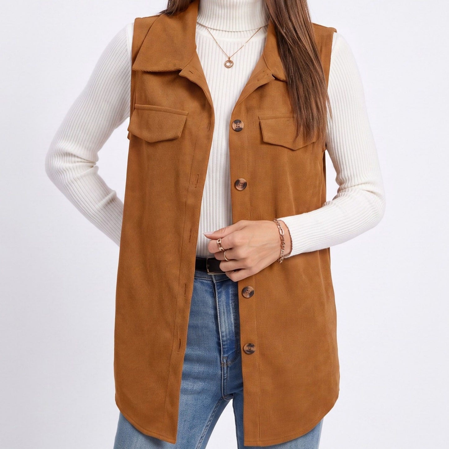Button Front Corduroy Vest with Flap Pockets