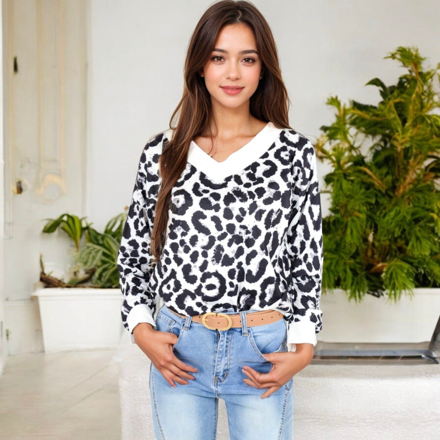 Leopard Print V-Neck Long Sleeve Pullover with Contrast Trim